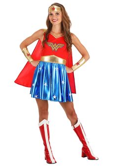 PRICES MAY VARY. Size: X-Large COSTUME INCLUDES: This Wonder Woman costume for women features an iconic comic book look that true fans will love! The outfit includes a costume dress, a red cape, a gold tiara headband, a pair of wonder woman wrist cuffs, and a gold belt. FROM FUN COSTUMES: We take costumes seriously and we're proud to offer an epic selection of costumes for the most popular characters from TV, movies, and more. We love superheroes just as much as you do, so we're proud to offer o Wonder Woman Dress, Wonder Woman Outfit, Dc Comic Costumes, Woman Costume, Wonder Woman Logo, Super Hero Outfits, Wonder Woman Costume, Wonder Women, Metallic Skirt