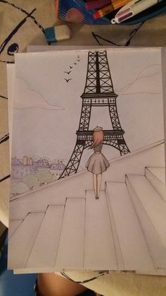 a drawing of a woman standing in front of the eiffel tower