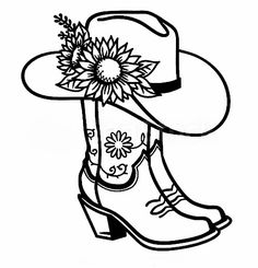 a cowboy boot with a sunflower in the center and a cowboy hat on top