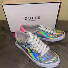 New In Box Never Worn Holographic Sneaker Iridescent Sporty Sneakers For Streetwear, Holographic Shoes Sneakers, Trendy Iridescent Lace-up Sneakers, Silver High-top Sneakers With Vulcanized Sole, Iridescent Lace-up Sporty Sneakers, Holographic Shoes, Guess Sneakers, Natural Hair Removal, Guess Shoes