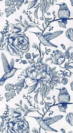 Blue Printed Wallpaper, Blue China Patterns Wallpaper, Blue China Wallpaper, Medium Blue Aesthetic, Watercolor Flower Wallpaper, Blue And White Aesthetic, White Hummingbird, Blue And White Wallpaper, Birds Wallpaper