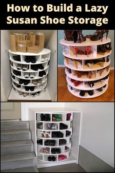 several pictures of shoe storage in different rooms