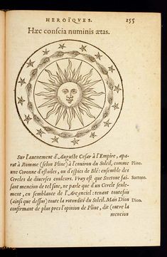 an open book with the title page in latin and english, containing a drawing of a sun surrounded by stars