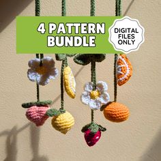 four crocheted fruits hanging from strings with the text 4 pattern bundle digital files only