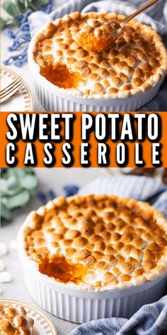 sweet potato casserole in a white dish with text overlay