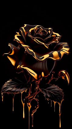 a black and gold rose with dripping liquid