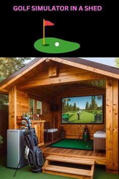 Can you turn a shed into a golf room? Get more #GolfSimulator Room Ideas==> #golfsimuatorroom #GolfAtHome #HomeGolfSimulator #GolfSimulatorSetup #IndoorGolf #GolfTraining Golf Cart Garage Ideas, Golf Shed, Golf Simulator Shed, Golf Studio, Home Golf Simulator, Backyard Barn