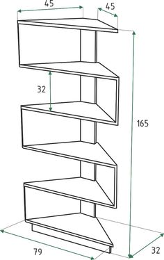 three shelves are shown with measurements for each shelf