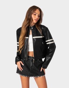 Stay Comfy While Looking Super Cool In This Faux Leather Jacket. The Oversized Fit, And Cool Contrast Stripes Add A Twist To A Closet Staple. Jacket. Contrast Stripe Detailing. Zip Front Closure. 100% Faux Leather. Item Care: Hand Wash. Model Wears Size S. Model Height Is 5'8. | Edikted Rockstar Oversized Faux Leather Jacket Leather Jacket Vintage, Leather Jacket Women, Sporty Aesthetic, Biker Leather Jacket, Black Faux Leather Jacket, Biker Leather, Vintage Leather Jacket, Fashion Materials