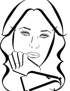 a black and white drawing of a woman's face with her hand on her chin