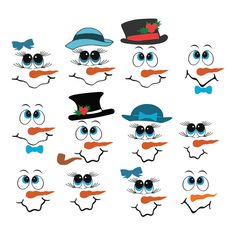 a set of cartoon faces with different facial expressions and hats on their heads, including the eyes