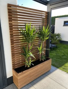 a wooden planter with two plants in it