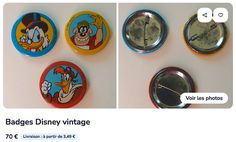 three different disney pinbacks with the same character on them, and one has an image of goofy