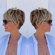 Brown Pixie Bob with Blonde Highlights Classic Pixie Haircut Thick Hair, Layered Pixie Bob, Brown Pixie, Choppy Pixie, Short Hairstyles Over 50, Mom Hair, Haircut Inspiration, Fun Hair