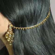 Dangle earrings long gold chain traditional jhumka kundan Indian Earrings With Chain, Earring With Hair Chain Indian, Ear To Hair Chain Indian, Earrings Indian Traditional, Jhumka With Ear Chain Hairstyle, Earrings With Chain Indian, Jhumka With Ear Chain, Gold Ear Chain Designs, Traditional Earrings Indian Jewelry