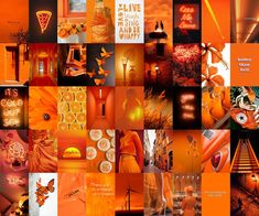 an orange collage with many different images