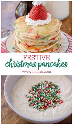 festive christmas pancakes with whipped cream and sprinkles