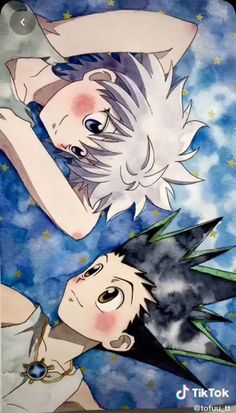 two anime characters are looking up at the sky with stars and clouds in the background