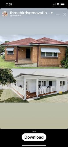 the before and after pictures of a house with red tiled roof, white picket fence