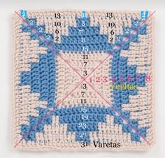 a crocheted square with numbers on it and the same pattern as shown below