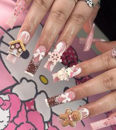 Hello Kitty Nails, Pretty Gel Nails, Long Acrylic, Kawaii Nails