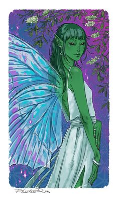 a green fairy with blue wings and white dress standing in front of purple flowers, surrounded by stars