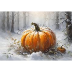 a painting of a pumpkin in the snow