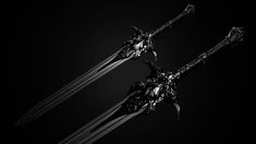 two black and white swords on a dark background