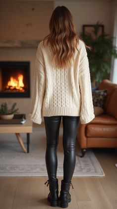 Woman in oversized sweater and leggings outfit Turtleneck Bodysuit, Leggings Outfit, Chunky Cardigan