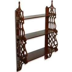 a wooden shelf with three shelves on each side