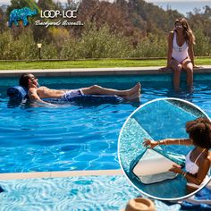 a woman in a white bathing suit sitting next to a man in a swimming pool