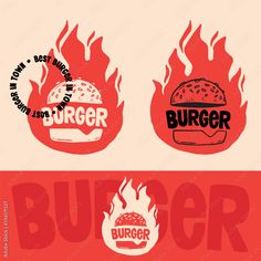 two burgers with flames and the words burgerer on them are in different colors