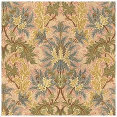 an ornate wallpaper pattern in green, yellow and pink colors with leaves on it