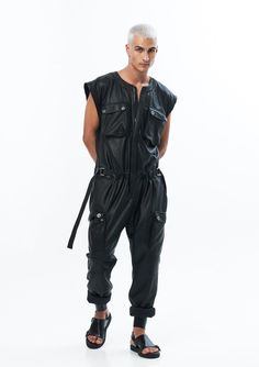 JONNY COTA Jumpsuit BLACK / S SLEEVELESS LEATHER JUMPSUIT IN BLACK Leather Jumpsuit Men, 2000s Vampire, Utility Outfit, Military Jumpsuit, Fashion Overalls, Man Full Body, Male Vampire, Leather Fashion Men, Festival Fits