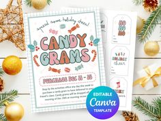 an image of a candy crams flyer with pine cones and christmas decorations around it