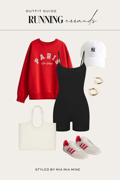 Casual and Cozy Running Errands Outfit Red Baseball Hat Outfit, Red Hat Outfit Baseball, Sporty Red Hat For College, Outfits With Red Hats Baseball, Sporty Red Tops For Baseball Season, Cozy Summer Outfits, Sports Day Outfit, Running Errands Outfit, Chic Summer Dresses