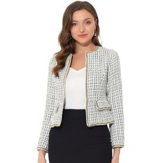 Retro and elegant, this blazer style with shiny decor and plaid tweed fabric. This vintage blazer designed with collarless and flap pockets, adds a touch of elegance to your wardrobe. A shiny decor and plaid tweed fabric add ebullient charm to this retro blazer. Pretty up your look with this cropped tweed blazer. Perfectly pair with formal midi skirts or long pants for a vintage and elegant look. Formal Midi Skirt, Womens Tweed, Blazer White, Blazer Designs, Vintage Blazer, Tweed Fabric, Blazer And Shorts, Work Jackets, Womens Blazers