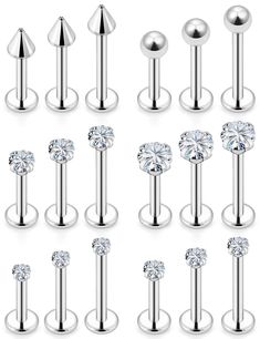 PRICES MAY VARY. VALUE PACK--One Order Includes 18 Pieces Tragus Piercing Jewelry with Crystal Top and Flat Back, Fashion and Special, The Top Can be Easily Screwed in and Off. MEASUREMENTS--Gauge Size: 16G (1.2mm); Straight Bar Length: 6mm(1/4Inch), 8mm(5/16Inch), 10mm(3/8Inch), CZ Top Size: 2mm,2.5mm，3mm,4mm, The Different Sizes Made It Easy to Find the Right One for You. Color: Silver-tone. TOP MATERIAL--Made of 316L Stainless Steel, Healthy Material, Hypoallergenic and No Nickel , Safety for Monroe Piercing Jewelry, Medusa Piercing Jewelry, Ashley Piercing, Lip Jewelry, Conch Piercing Jewelry, Tragus Piercing Jewelry, Forward Helix Piercing, Labret Jewelry, Lip Rings