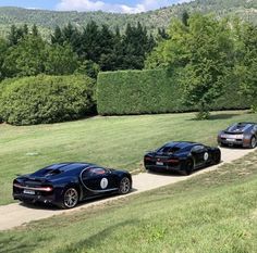 three bugatti cars parked on the side of a road in front of trees