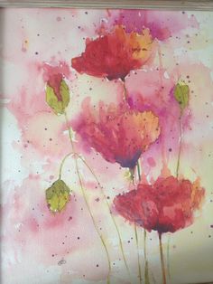 watercolor painting of three red flowers on pink and yellow background with speckles