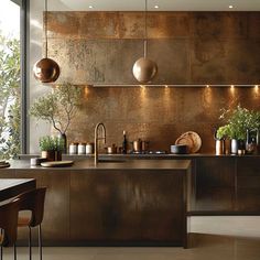 a modern kitchen with copper colored cabinets and hanging lights above the countertop, along with potted plants