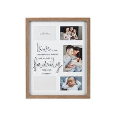 a wooden frame with four photos and the words love, family written in cursive writing