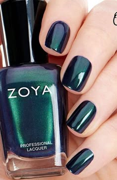 Zoya nail polishes use ingredients that are found natural nails, sulfur amino acids. That better link color to the nail which leads to the fact that the varnish lasts longer and does not peel off. The color on natural nails can last from 7-10 days. Popular Nail Colors, Dark Nail, Zoya Nail, Zoya Nail Polish, Green Nail Polish, Nail Colors Winter