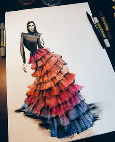 a drawing of a woman in a colorful dress