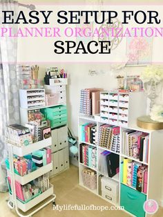 an organized office space with the words easy setup for planner organization space