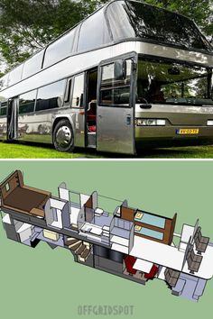 an image of a bus that is in the process of being built and then finished