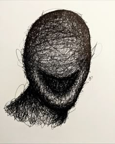 a black and white drawing of a man's head with hair on top of it