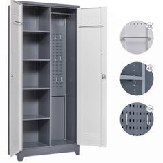 an empty locker with the door open and two shelves on each side, next to it