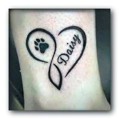 a dog paw and heart tattoo with the word paws written in two languages on it