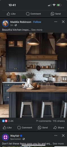 an instagram photo of a kitchen with black cabinets and wooden counter tops, two stools in front of the island